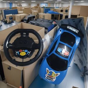 Kids Ride-On Police Car with Steering Wheel, Blue, Battery Powered Toy Vehicle