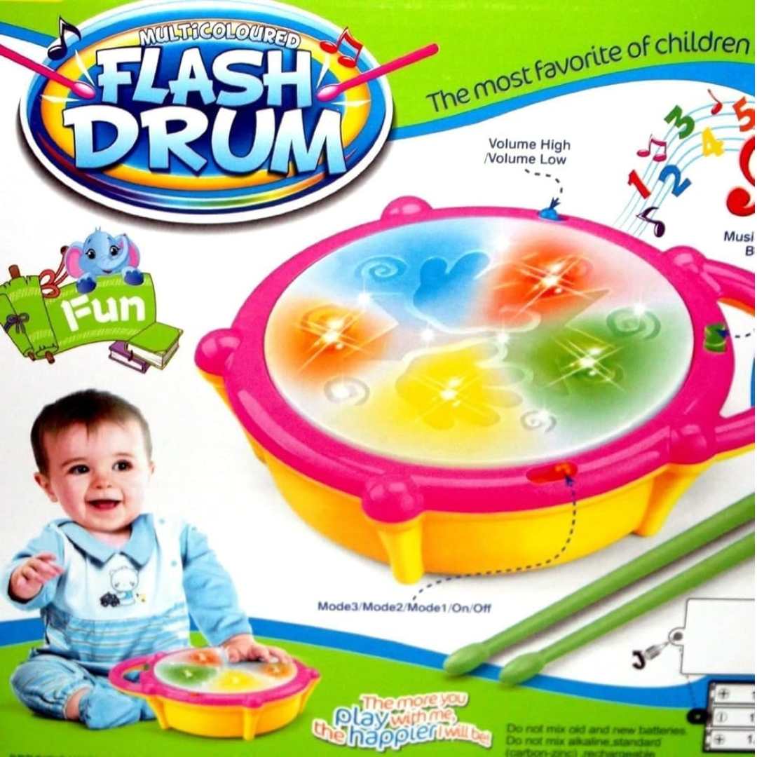 Multicoloured Flash Drum, Musical Toy with Lights, Volume Control, 3 Modes, Battery Operated
