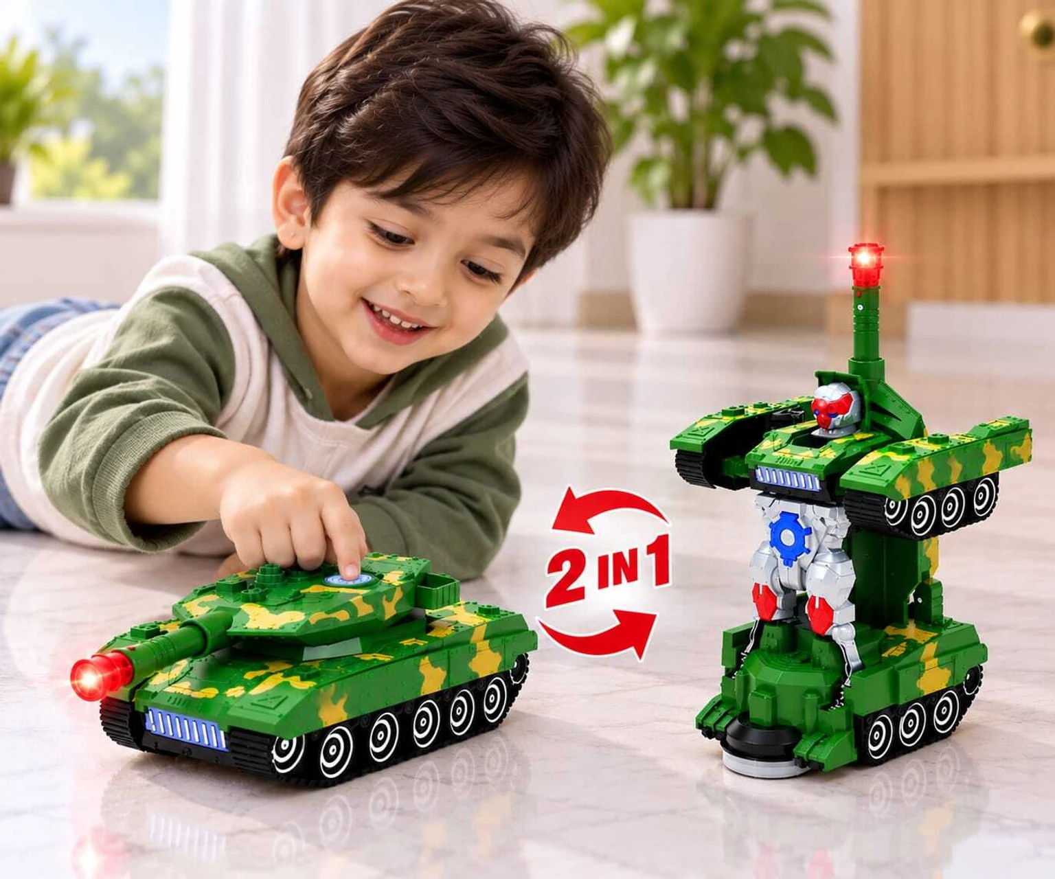 Robot Tank Toy for Kids with Bump & Go Action with Light & Music Automatic Transforming Deformation Combat Tank Transform Robot Toy